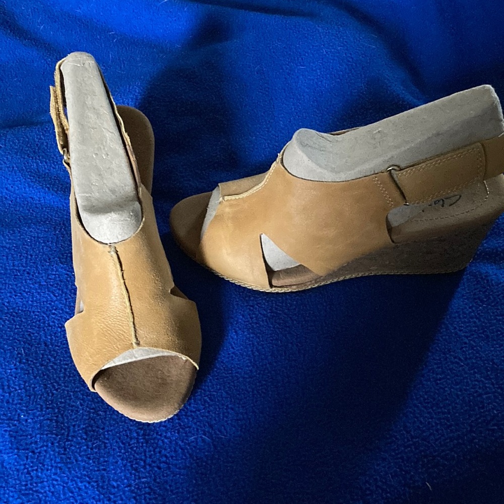 Clark’s suede sling back wedge sandals. Size 8.5, 3 inch wedge.